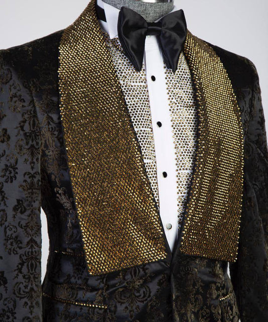 Men's 3 Piece Stone Designed Gold/Black Tuxedo