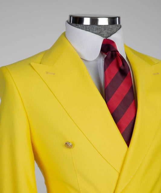 Men's Suit 2 Piece Double Breasted Yellow,Peak Lapel