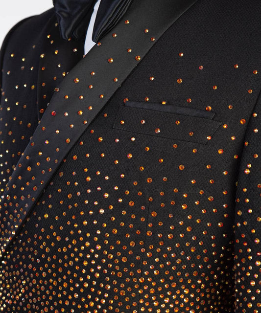 Men's Double Breasted Black Tuxedo, Gold Stoned