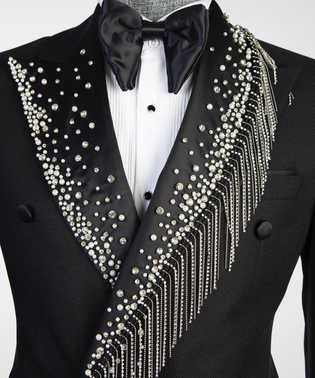Men's Black Tuxedo, Silver Stoned, Shawl Design