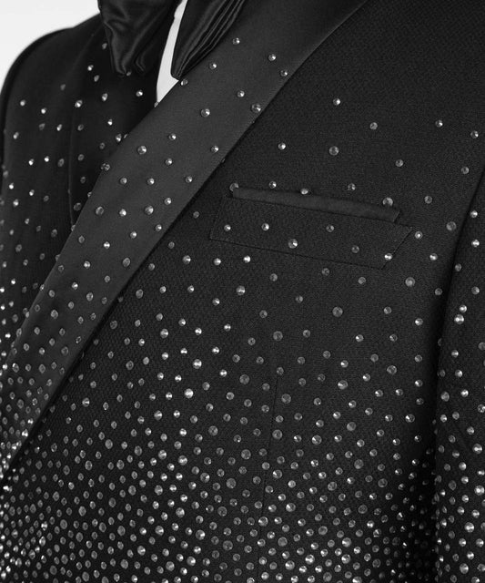Men's Double Breasted Black Tuxedo, Silver Stoned