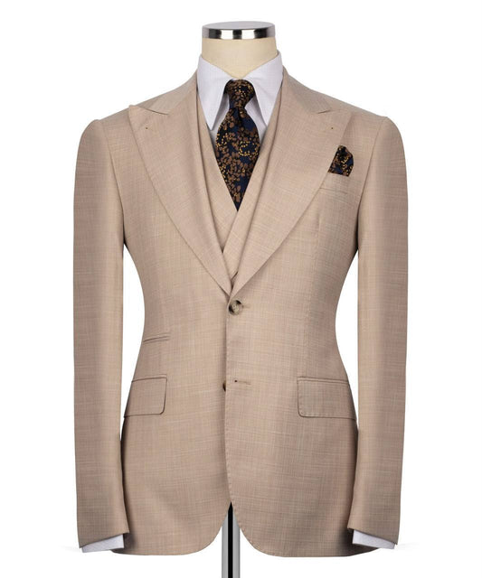 three piece milky brown suit set for men with vest and throuser