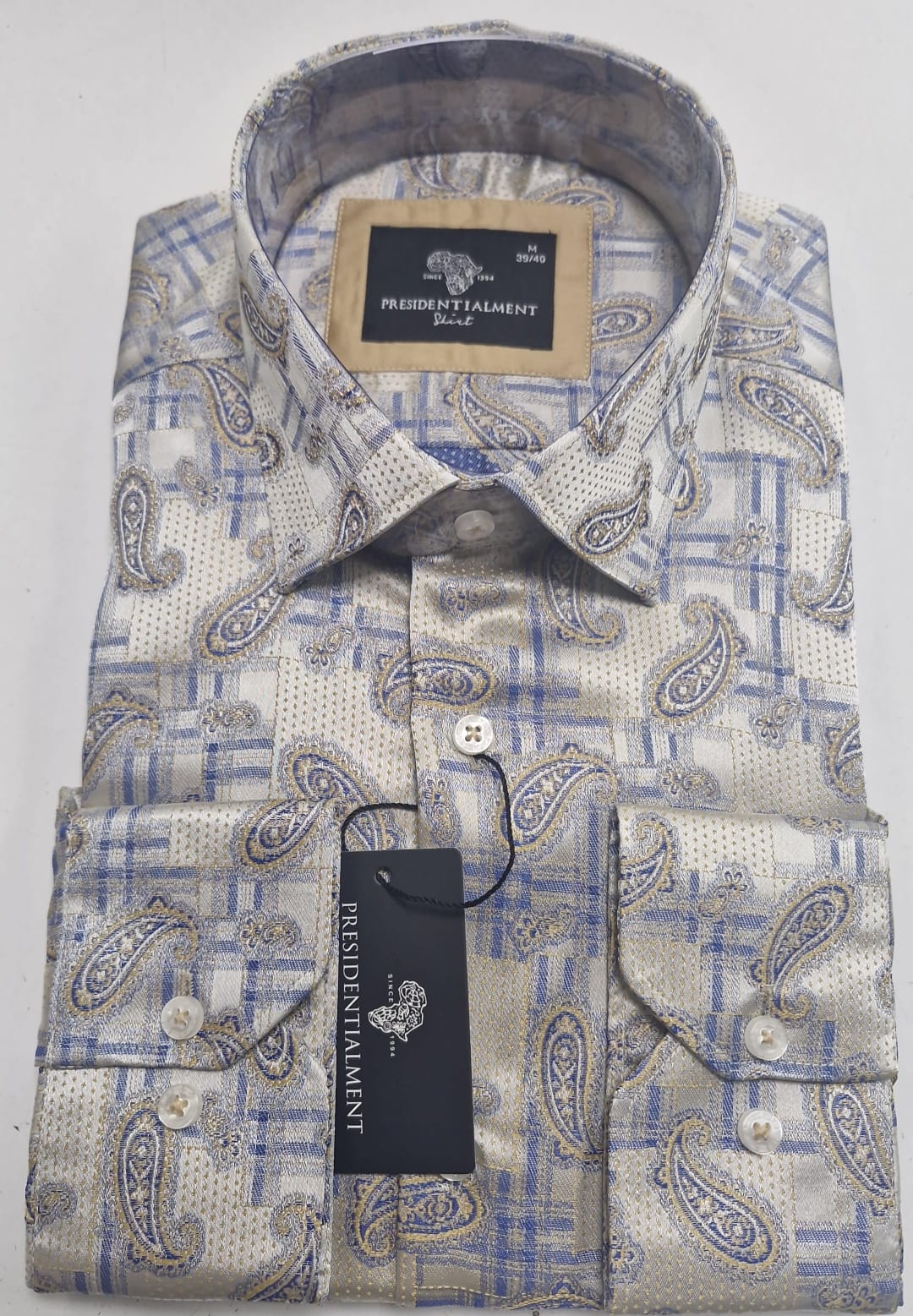 Men’s Patterned Dress Shirt Beige-Blue