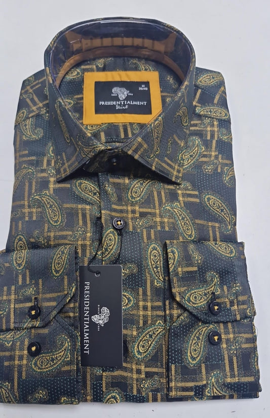 Men’s Patterned Dress Shirt Navy-Gold