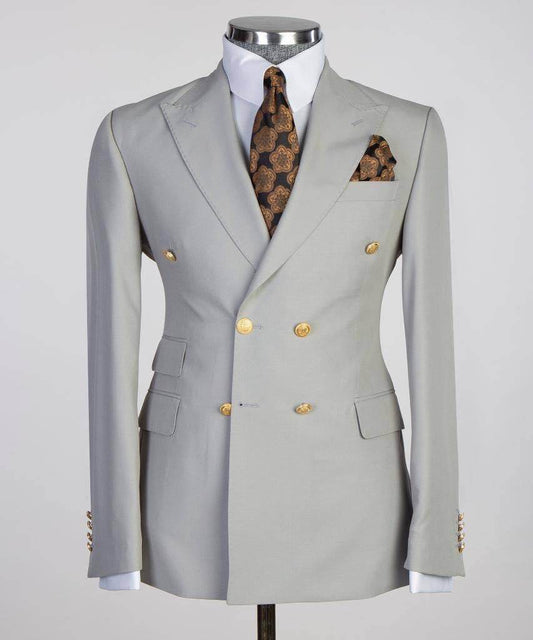 Double Breasted Grey Suit Peak Lapel 2pc - SevendayShopping