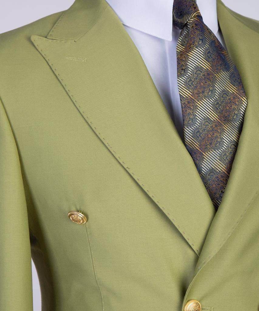 Double Breasted Olive Suit Peak Lapel 2pc - SevendayShopping