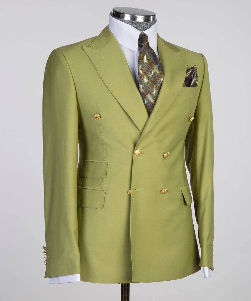 Double Breasted Olive Suit Peak Lapel 2pc - SevendayShopping