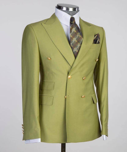 Double Breasted Olive Suit Peak Lapel 2pc - SevendayShopping