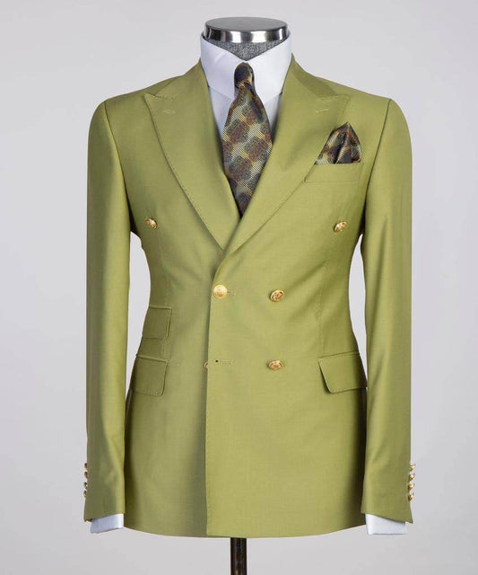 Double Breasted Olive Suit Peak Lapel 2pc - SevendayShopping