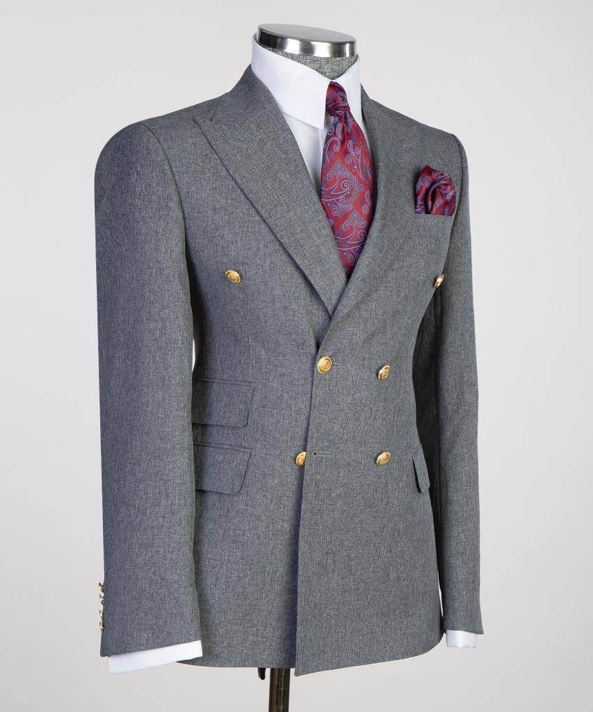 Double Breasted Grey Suit Peak Lapel 2pc - SevendayShopping