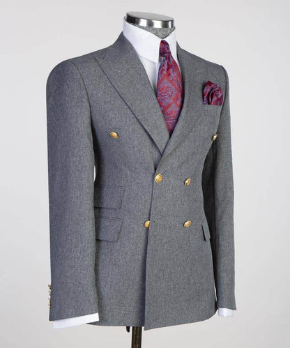 Double Breasted Grey Suit Peak Lapel 2pc - SevendayShopping