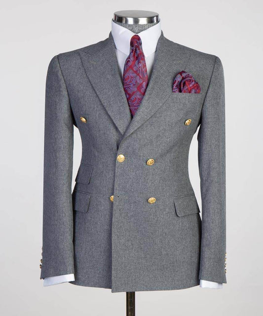Double Breasted Grey Suit Peak Lapel 2pc - SevendayShopping