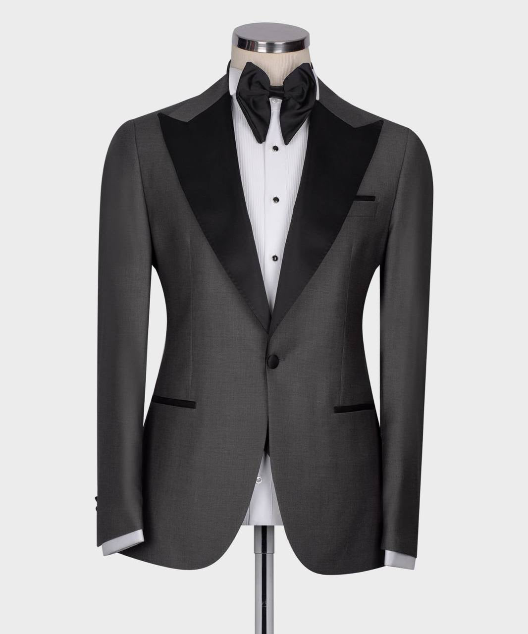 Men's 3 Piece Dark Grey Black Satin Collar Tuxedo