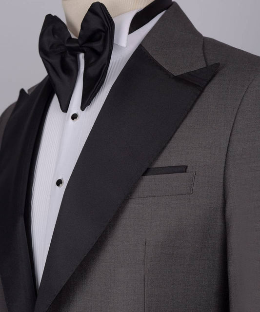 Men's 3 Piece Dark Grey Black Satin Collar Tuxedo