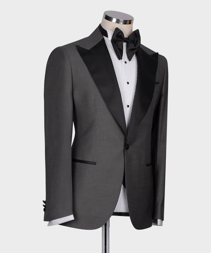 Men's 3 Piece Dark Grey Black Satin Collar Tuxedo