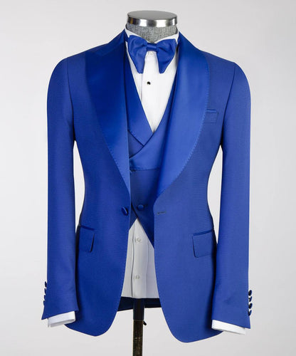 Men's Blue Tuxedo-Asymmetrical Satin Lapel