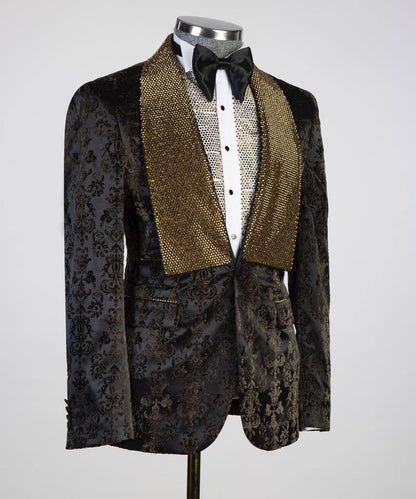 Men's 3 Piece Stone Designed Gold/Black Tuxedo
