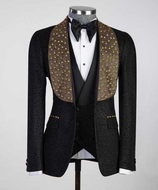Men's Gold Beads Designed Black Tuxedo