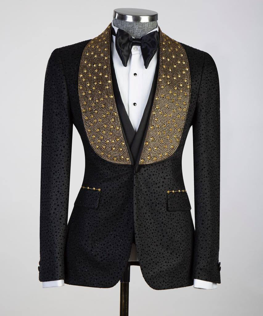 Men's Gold Beads Designed Black Tuxedo