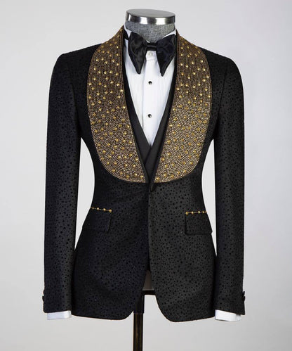 Men's Gold Beads Designed Black Tuxedo