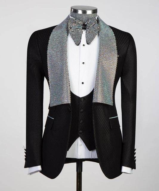 Men's 3 Piece Stone Designed Black Tuxedo
