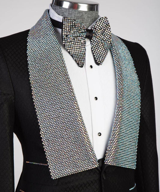 Men's 3 Piece Stone Designed Black Tuxedo