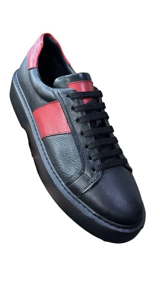 black casual sneakers with red stripes