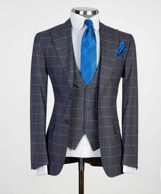 Men's 3 Piece Plaid Single Breasted Grey/Blue Suit
