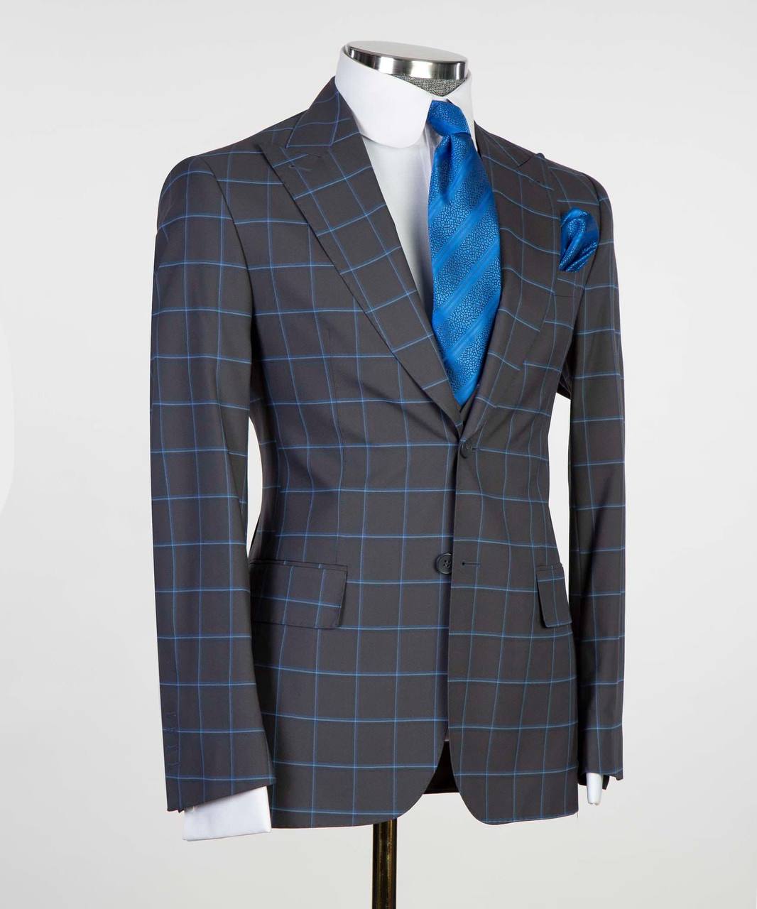Men's 3 Piece Plaid Single Breasted Grey/Blue Suit