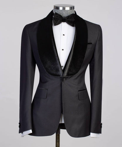 Men's 3 Piece Black Tuxedo Suit, Velvet Collar