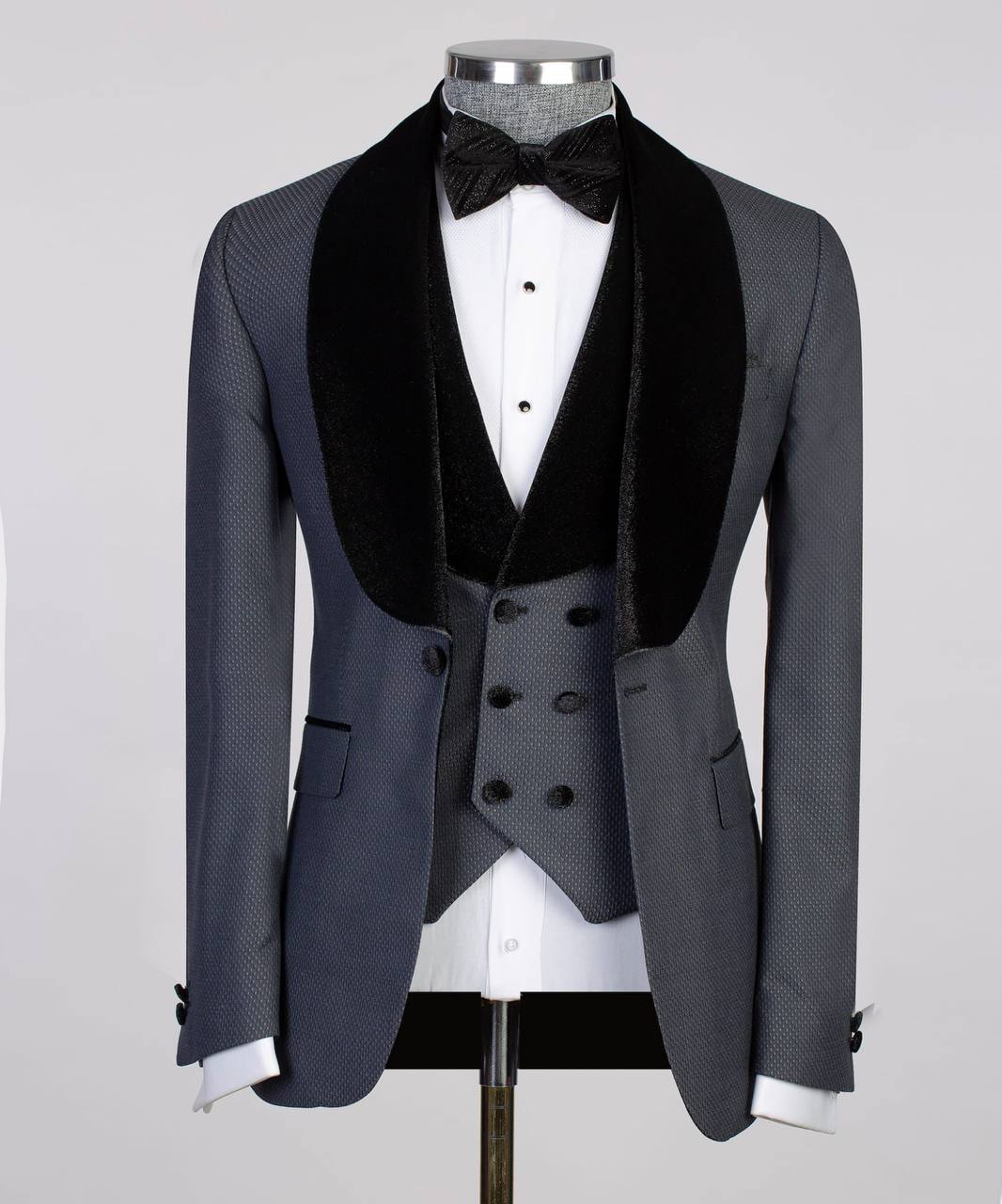 Men's 3 Piece Grey Tuxedo, Suit, Velvet Shawl Lapel, Costume