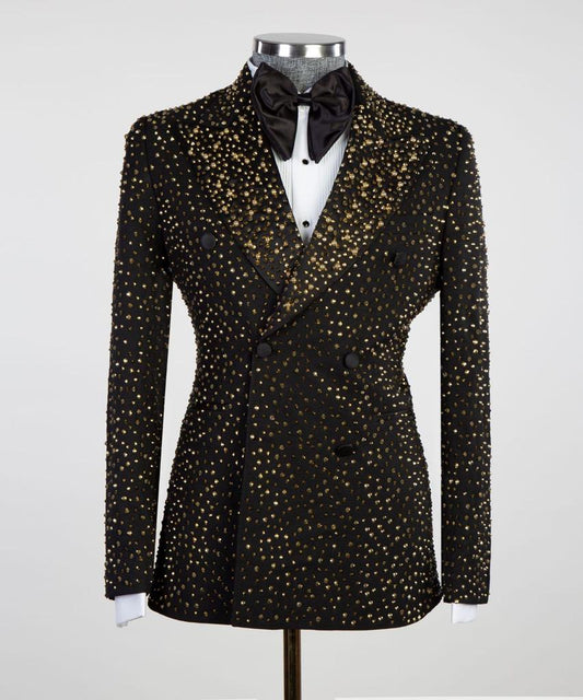 Men's 2 Piece Double Breasted Black Tuxedo Golden Stoned