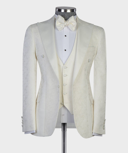 Men's 3 Piece Beige Tuxedo Suit Peak Lapel