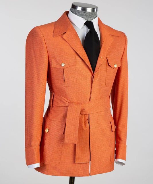 Men's 2 Piece Suit, Orange, Belted Design, Costume, Blazer with Pockets