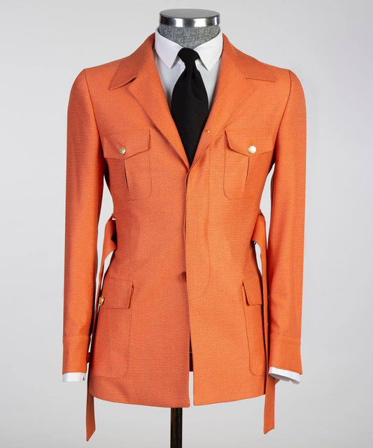 Men's 2 Piece Suit, Orange, Belted Design, Costume, Blazer with Pockets