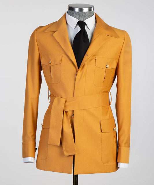 Men's 2 Piece Suit, Yellow, Belted Design, Costume, Blazer with Pockets
