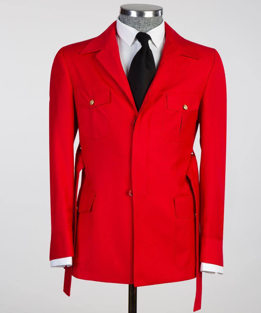 Men's 2 Piece Suit, Red, Belted Design, Costume, Blazer with Pockets