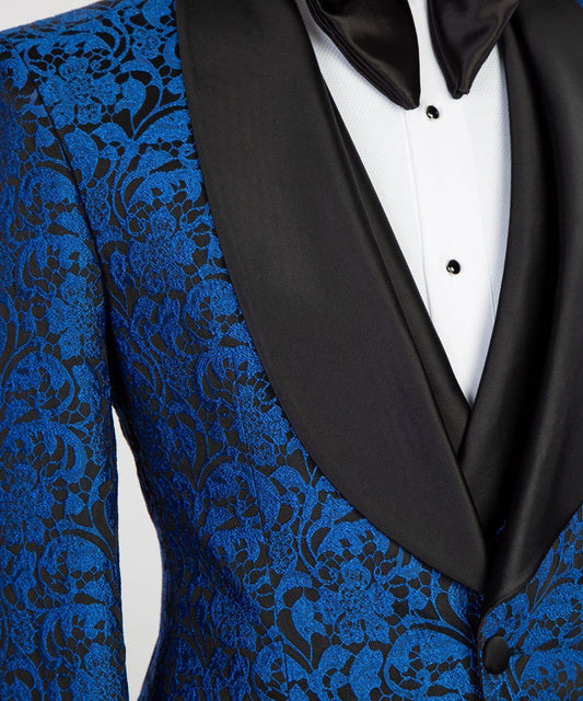 Men's 3 Piece Blue-Tuxedo Black Satin Lapel