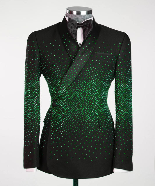 Men's Double Breasted Black Tuxedo, Green Stoned