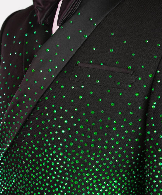 Men's Double Breasted Black Tuxedo, Green Stoned