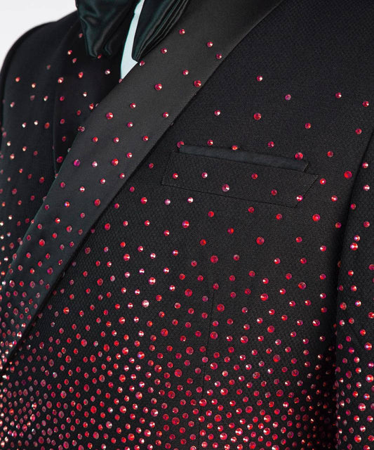Men's Double Breasted Black Tuxedo, Red Stoned