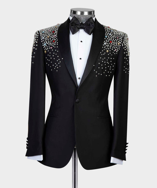 Men's 2 Piece, Shawl Lapel Beaded Tuxedo, Black