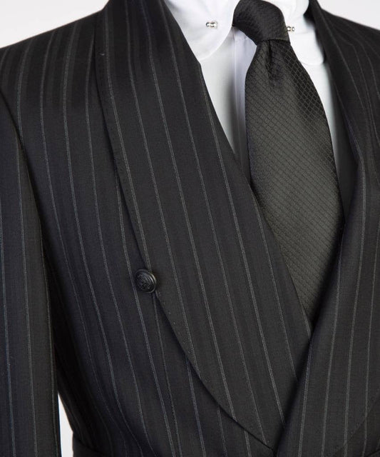 Men's 2 Piece Suit, Black/Grey Stripy, Belted Design, Costume