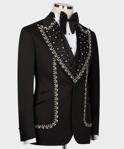 Men's Black Tuxedo, Silver Gem Stoned