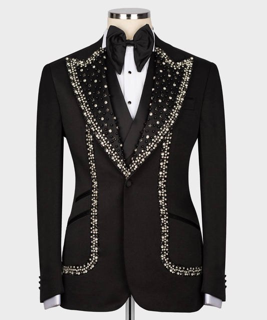 Men's Black Tuxedo, Silver Gem Stoned