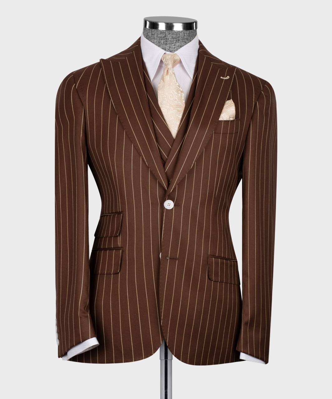 Men's Suit Set, %100 Wool, Striped, Brown