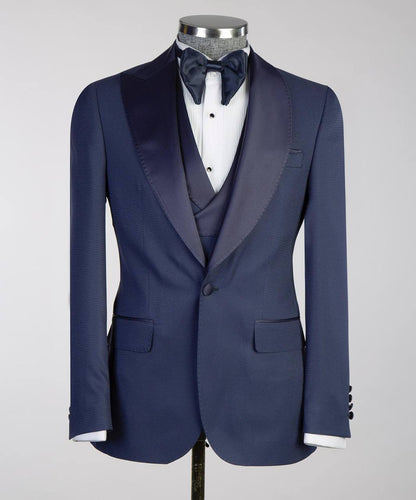 Men's Navy Tuxedo-Asymmetrical Satin Lapel