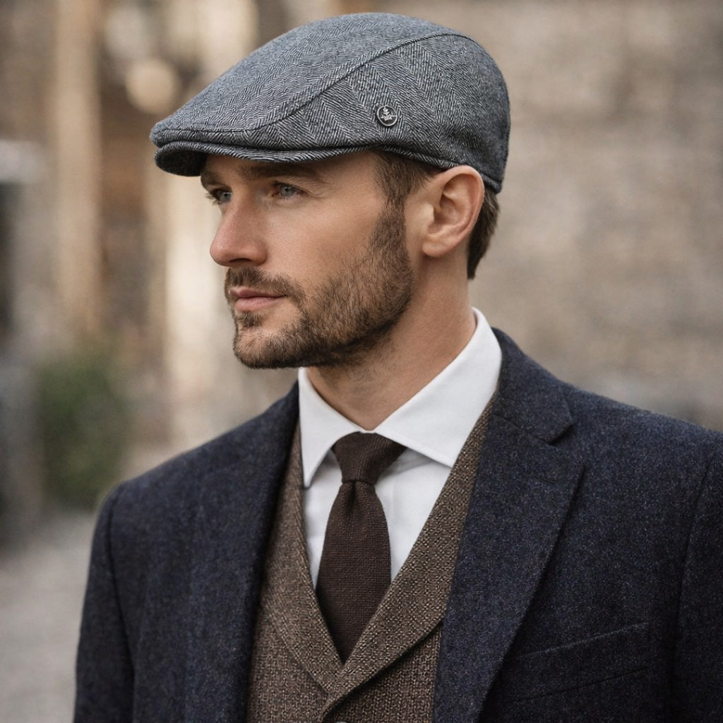 Men’s Grey Textured Flat Cap – Peaky Blinders Style