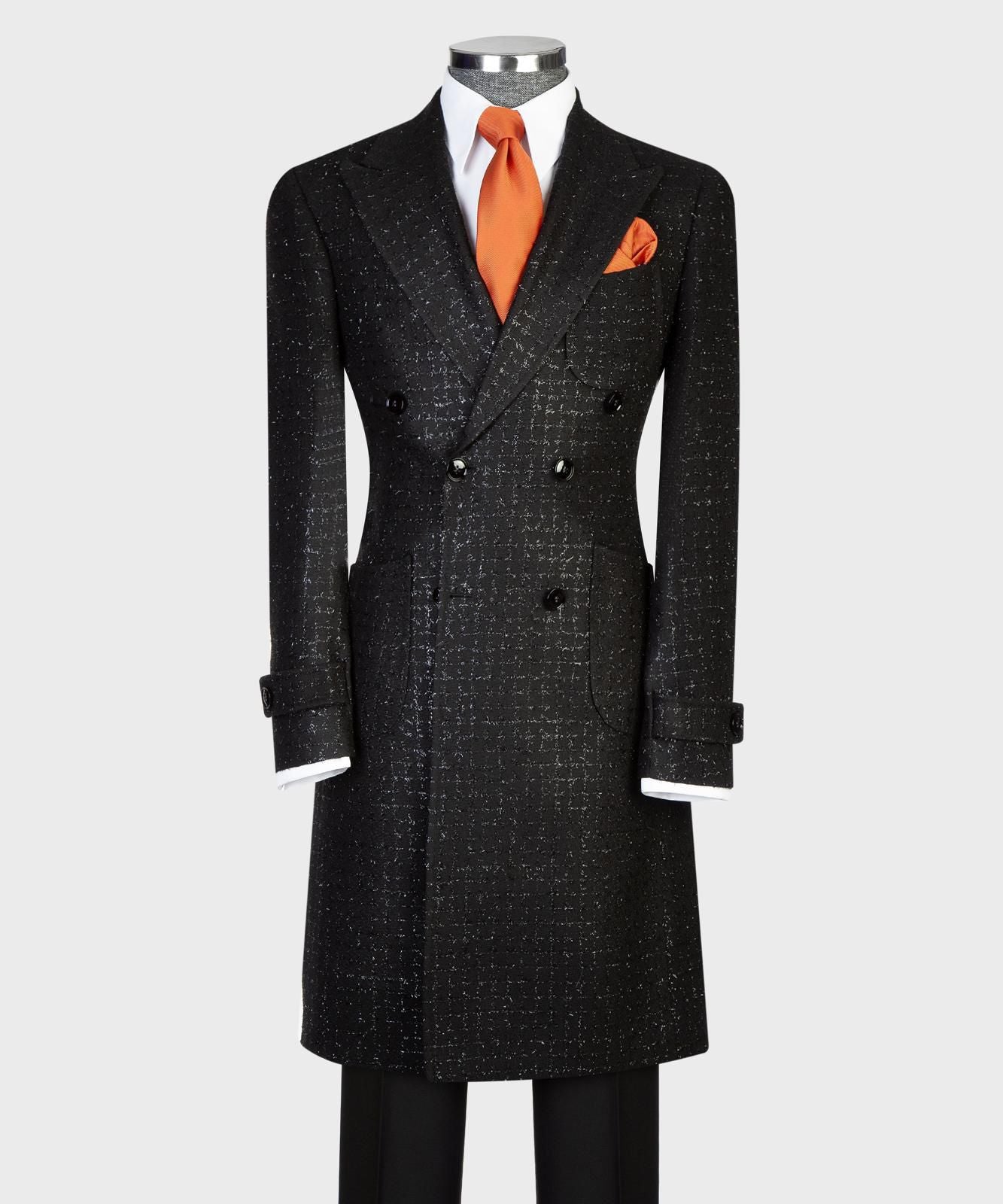 black double breasted over coat for men checkered with silver lines