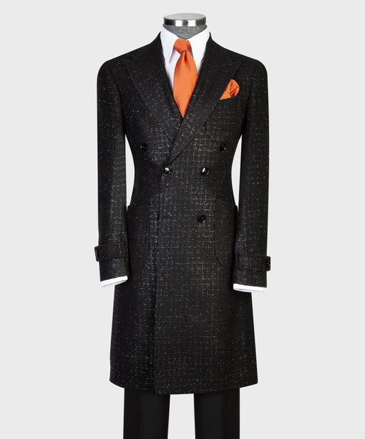 black double breasted over coat for men checkered with silver lines